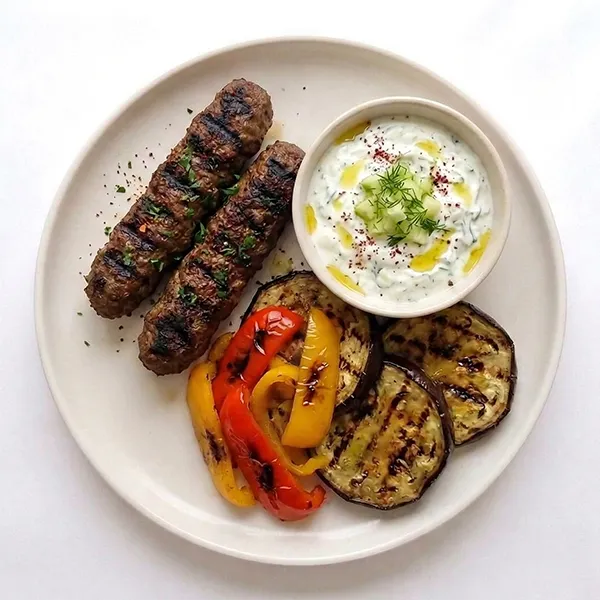 Middle eastern Beef Kebabs with Tzatziki and Grilled Eggplant & Peppers